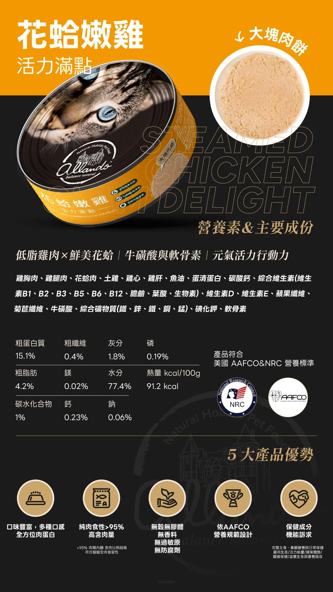奧蘭多 Allando 極鮮純肉主食罐｜無穀高肉含量貓主食罐｜六種口味