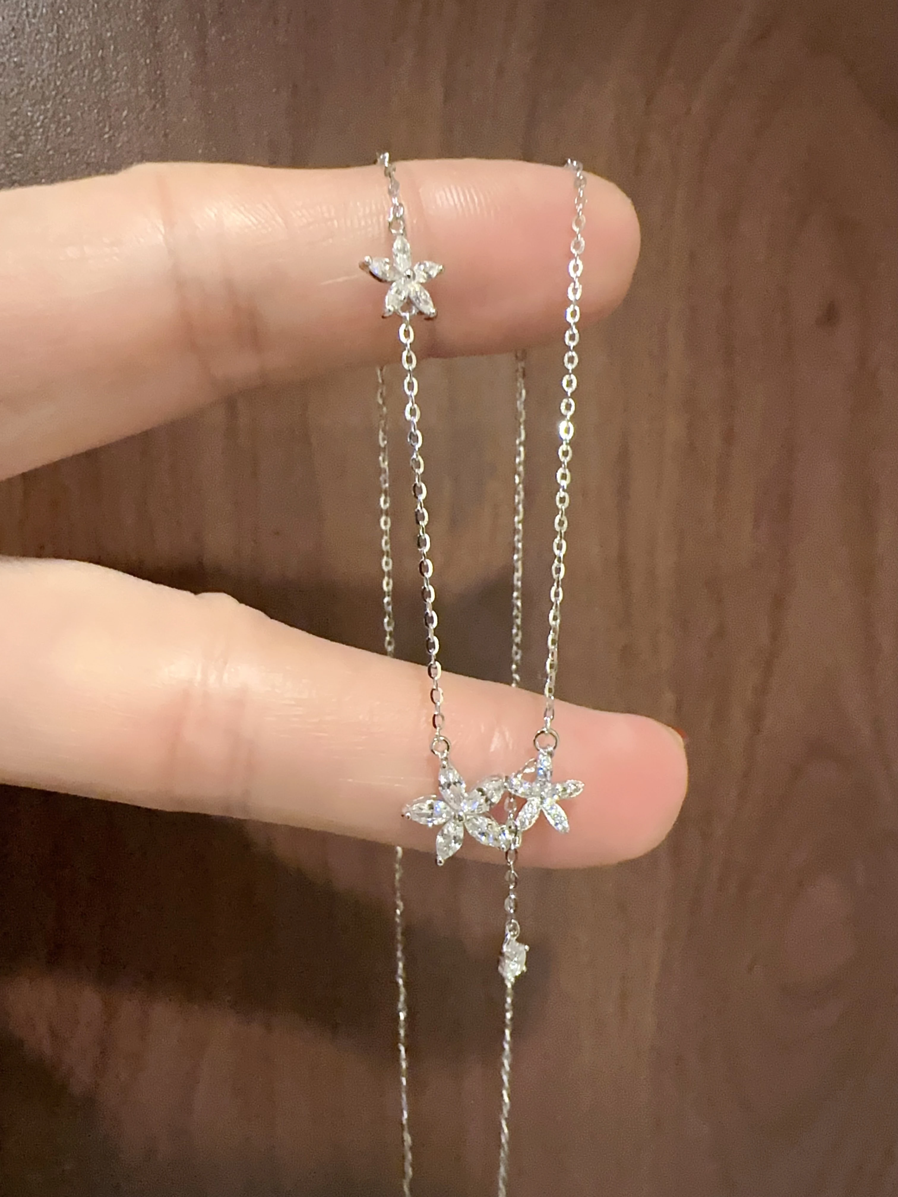 S925純銀 5A鋯石蝴蝶花朵流蘇鎖骨項鍊／電鍍純銀項鏈