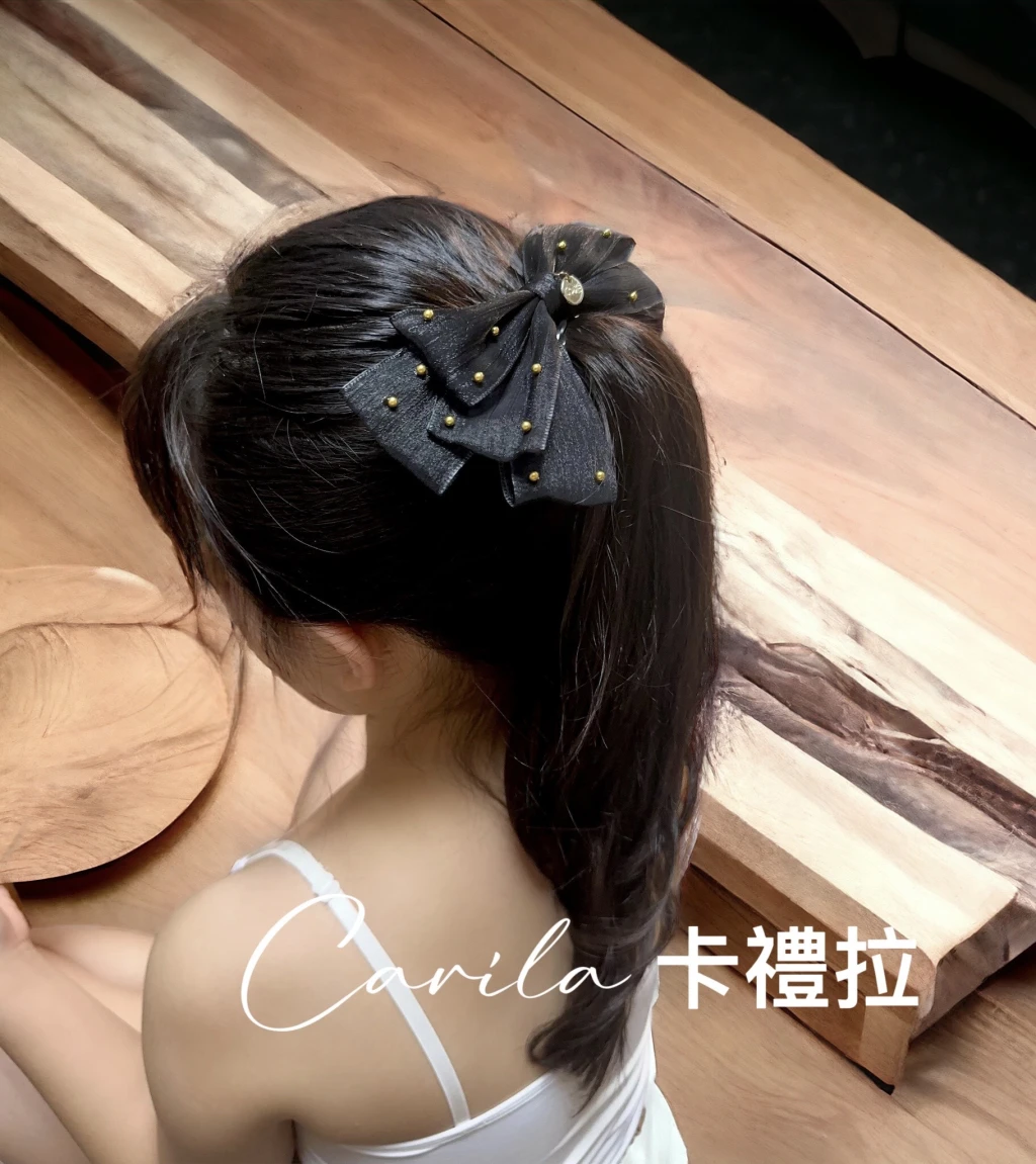高端網紗金點蝴蝶結彈簧夾