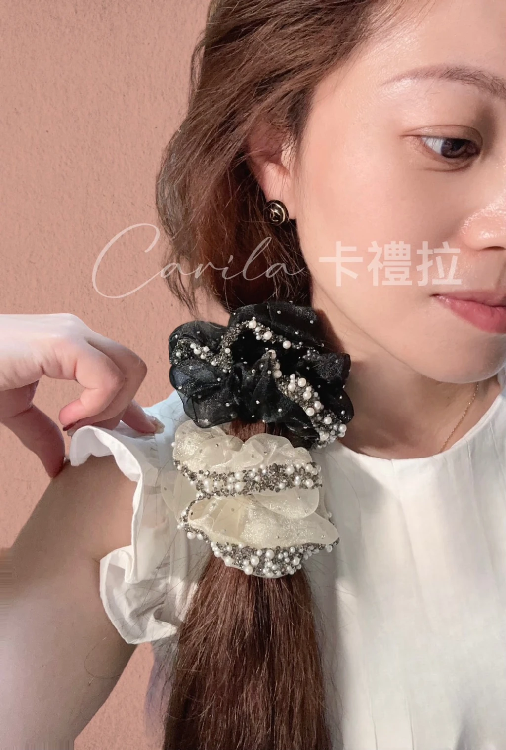 法式滿天星歐根紗鑲鑽珠大腸圈丸子頭髮飾