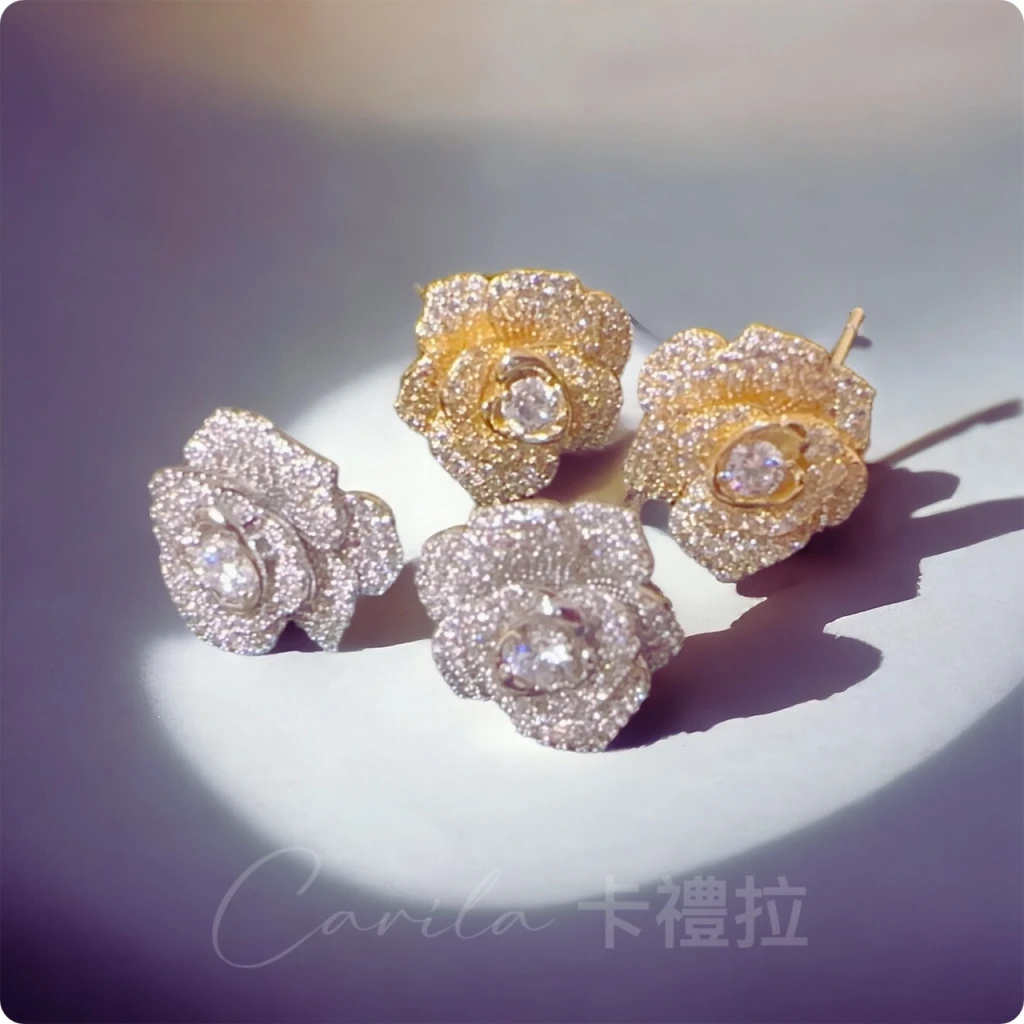 精緻重工微鑲滿鑽玫瑰 S925銀針耳環