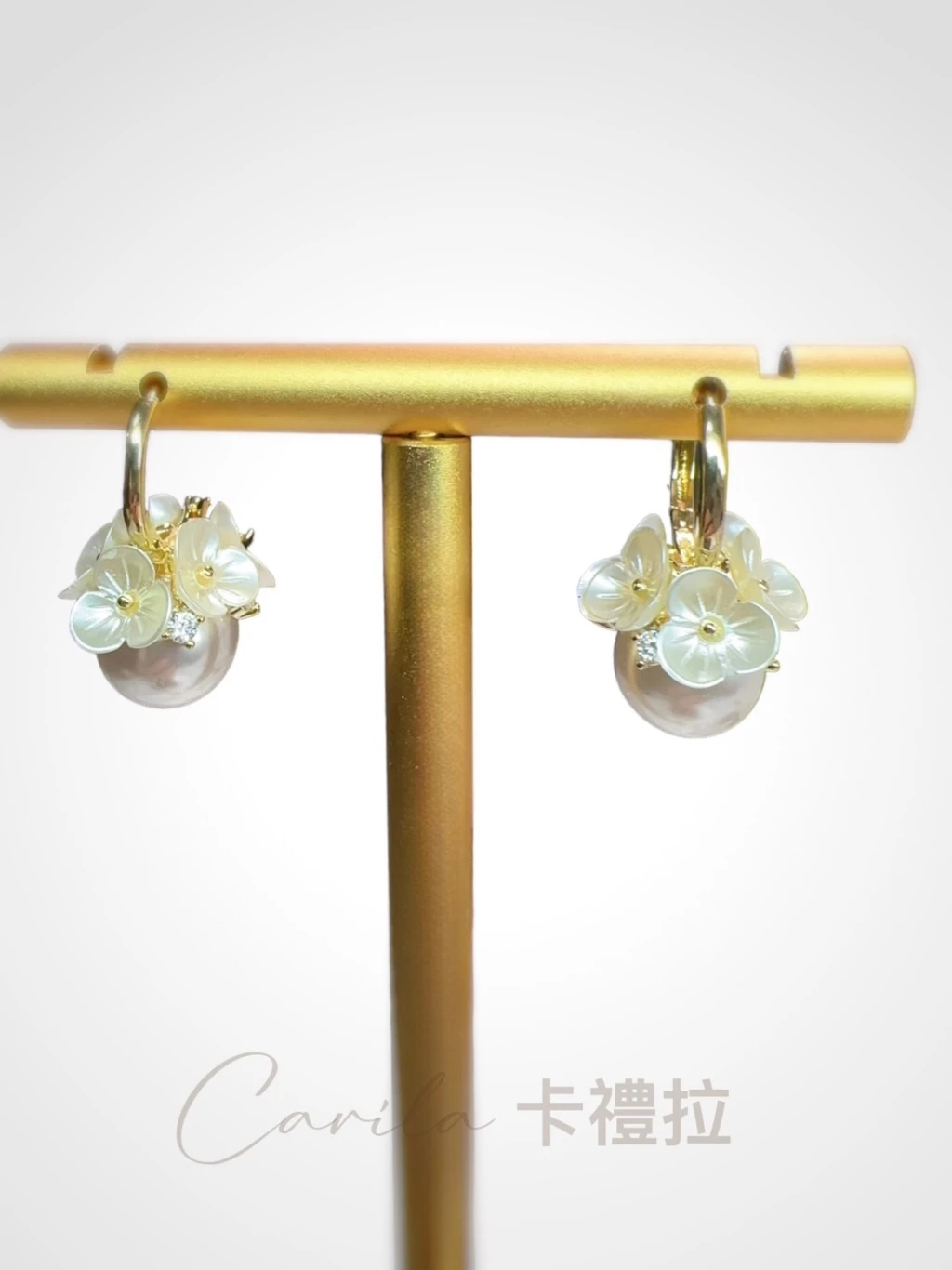 溫柔仙氣貝殼小花藍珍珠 S925銀針耳環