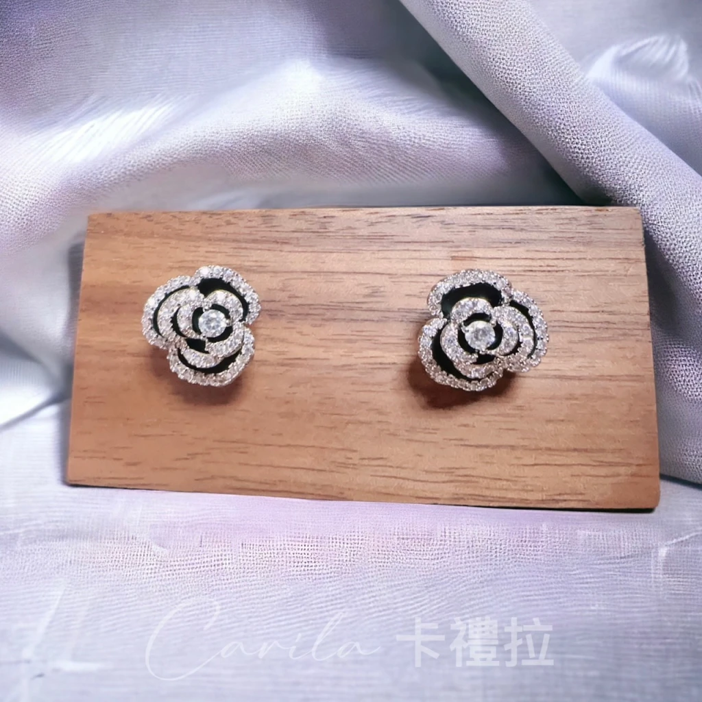日系輕奢 黑玫瑰精緻滴釉 S925銀針