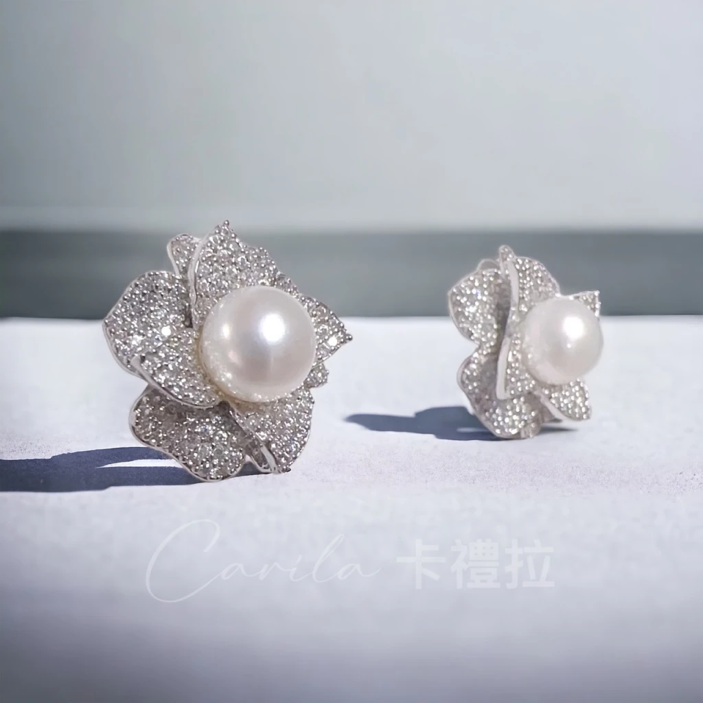 高級感微鑲滿鑽花朵天然淡水珍珠S925純銀耳針