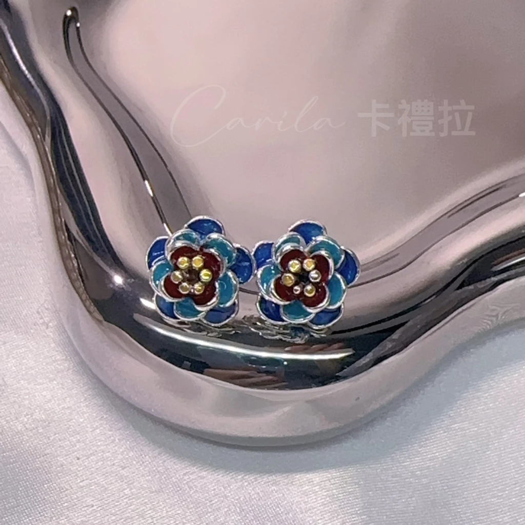 氣質民族風景泰藍立體花朵銀針耳環