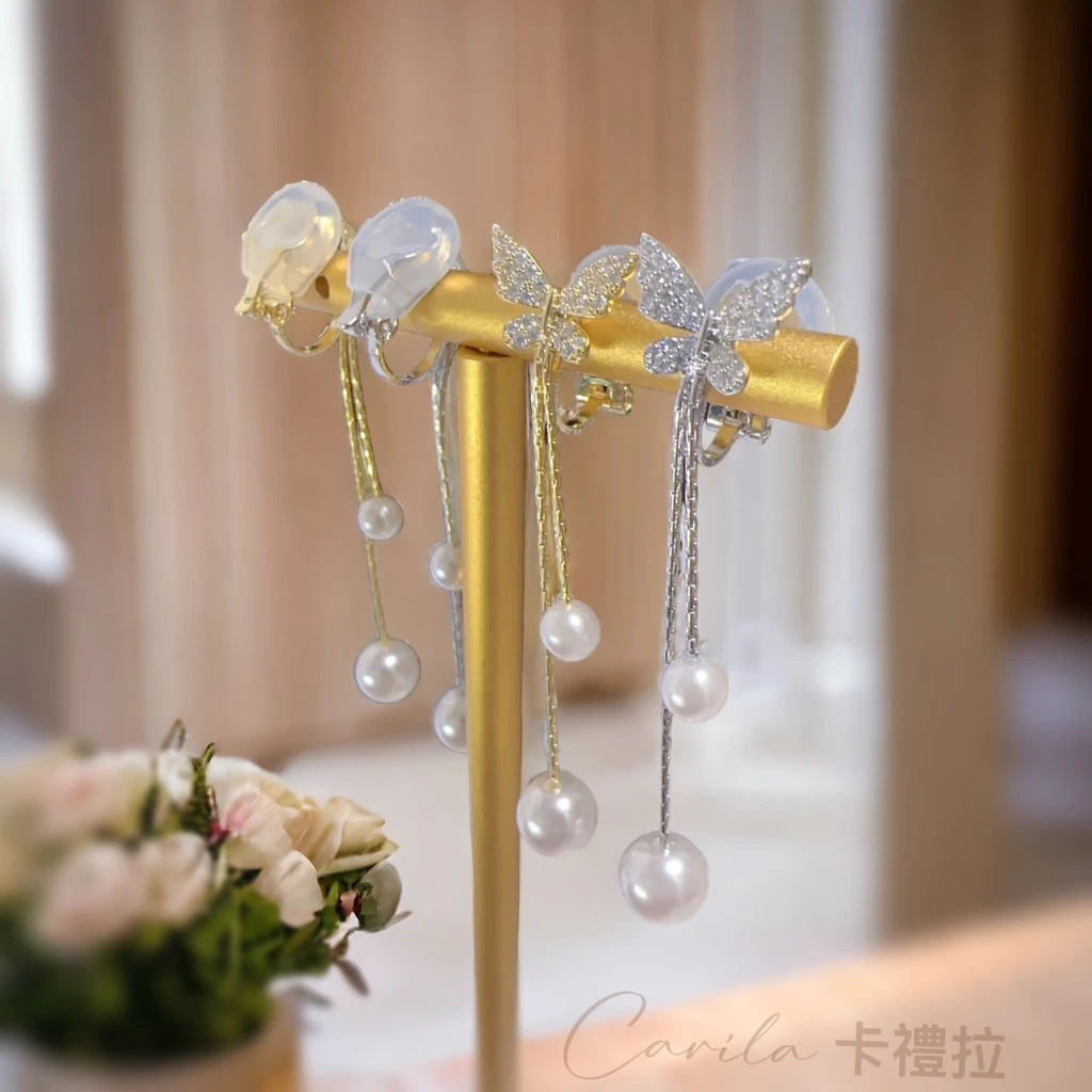 超仙氣質流蘇長款蝴蝶滿鑽珍珠耳夾