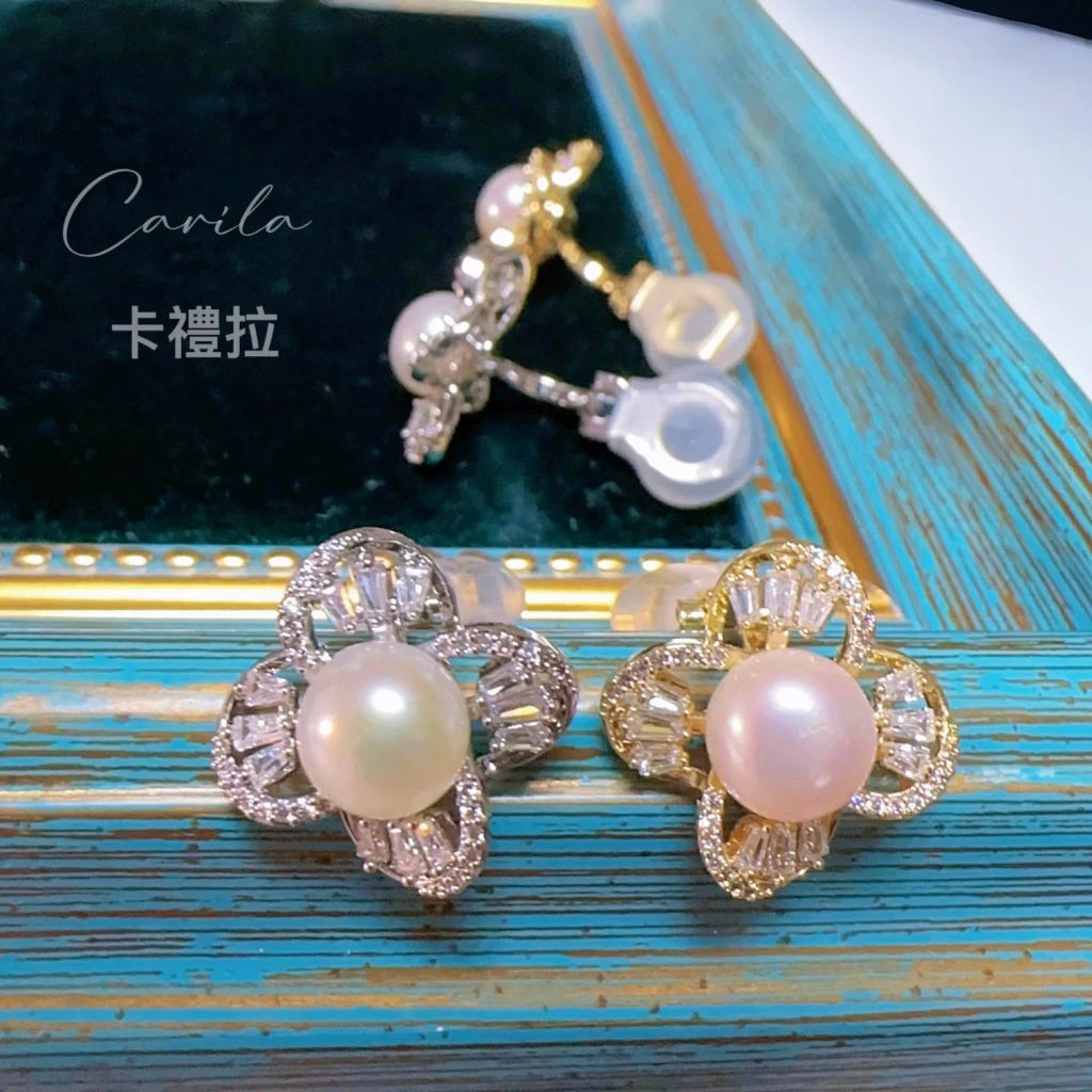 立體鋯石花朵淡水珍珠耳夾