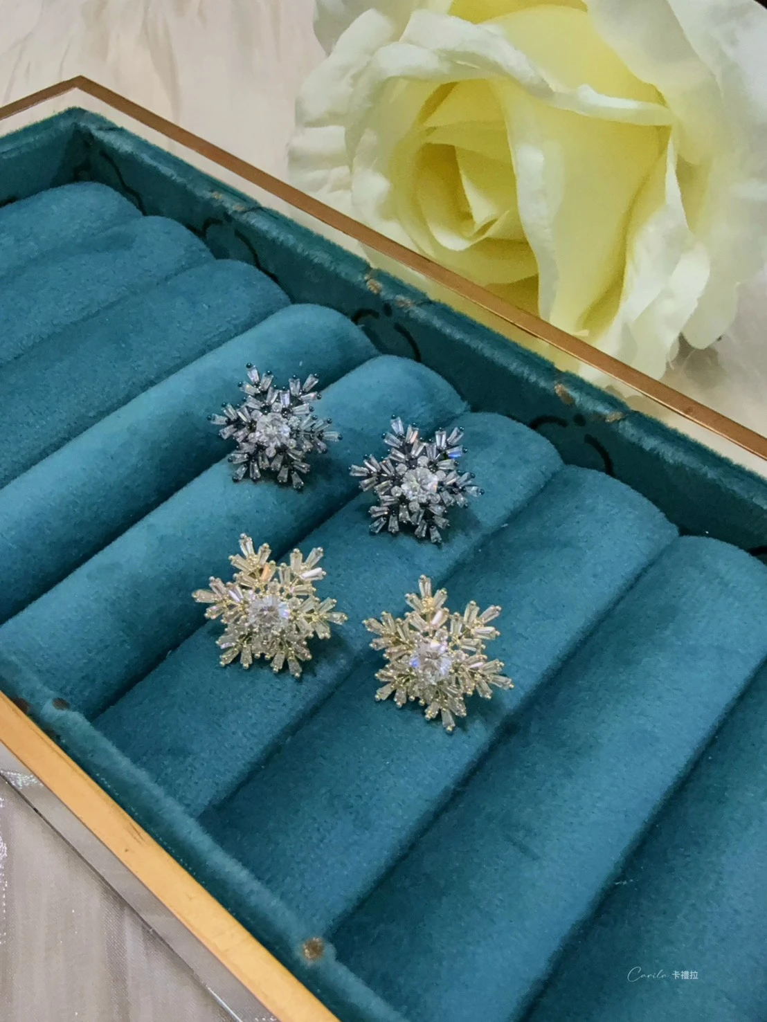 S925純銀耳針/雪花滿鑲鋯石耳環