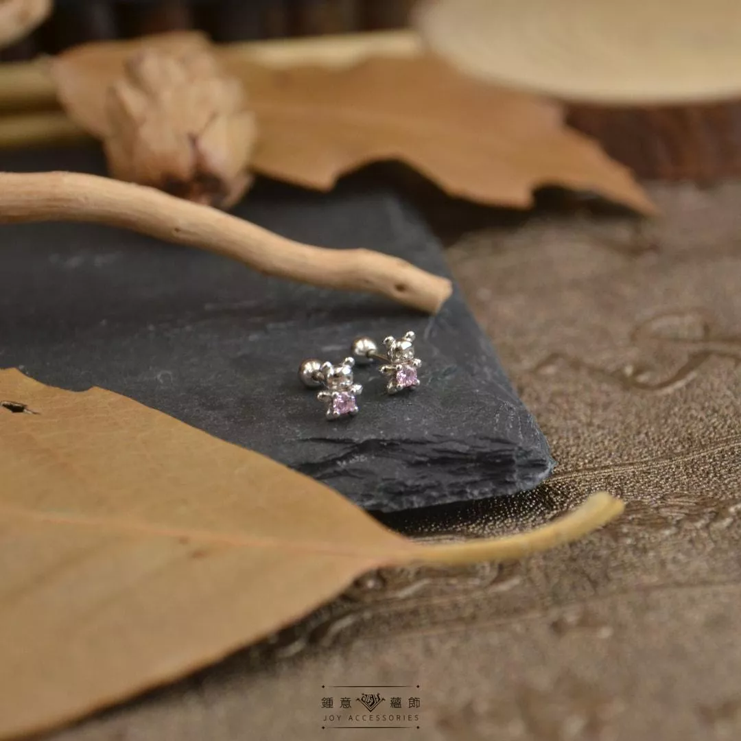 S925純銀．粉心熊熊鎖針耳環 ╳ 貼耳