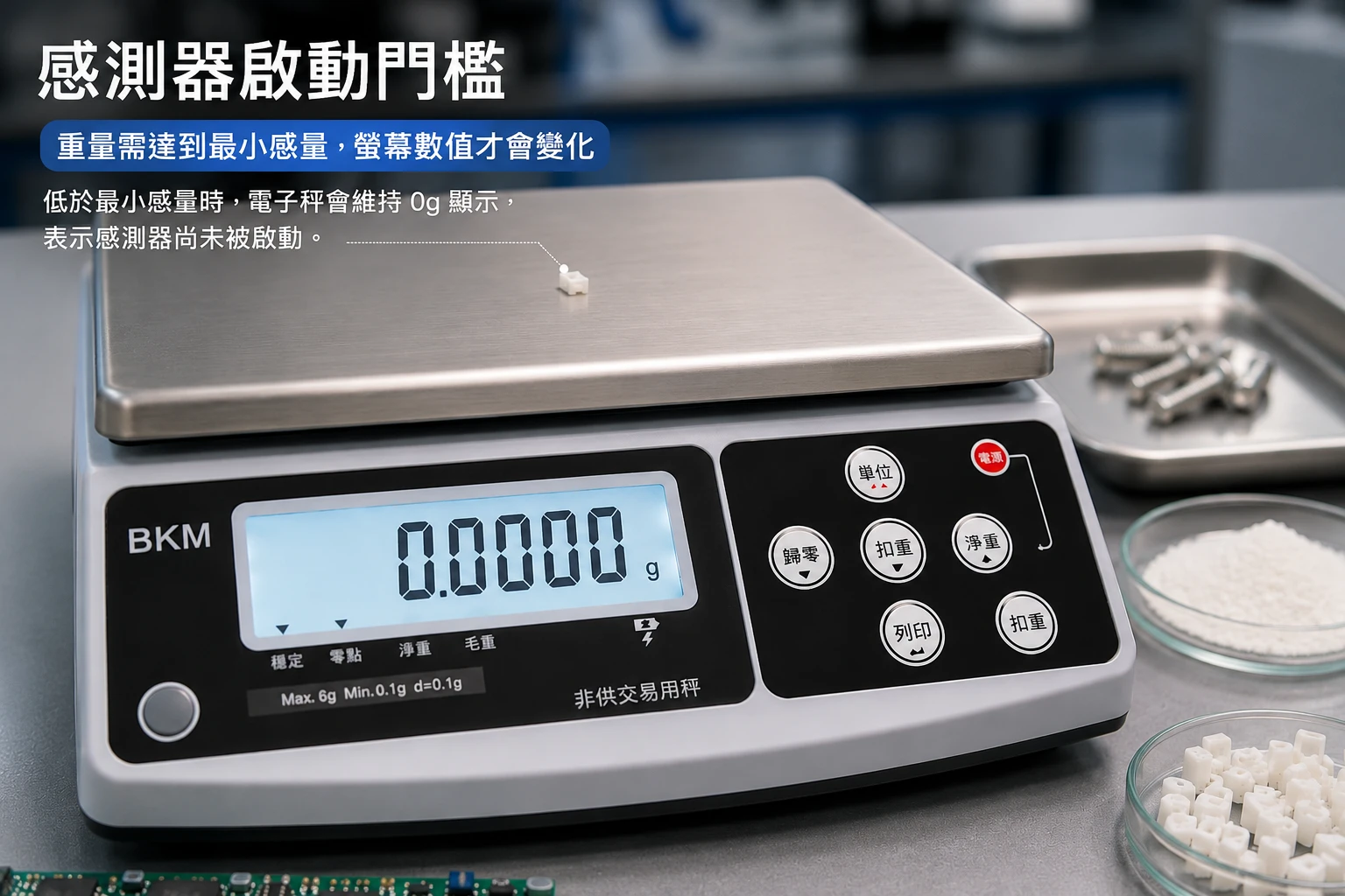 電子秤感測器啟動門檻說明圖：當重量低於起跳值時螢幕維持 0g 顯示，強調高精度天平精密計量與起跳重量原理