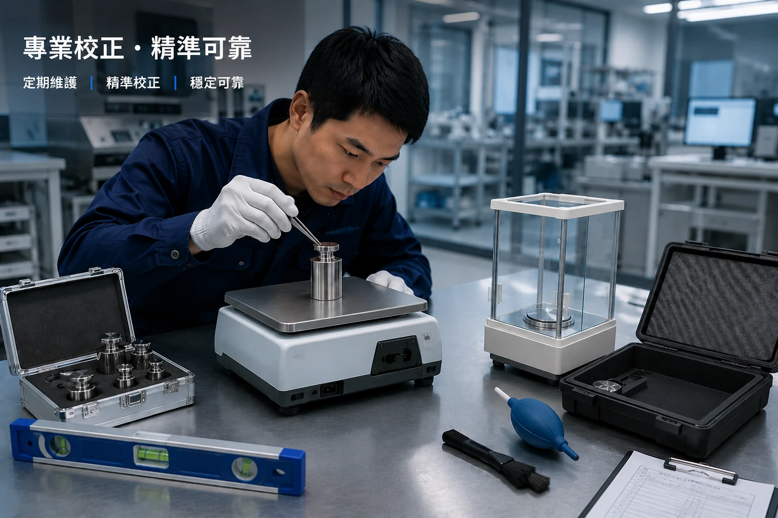 精密天平與電子秤專業校正服務：技術人員使用標準砝碼進行定期維護與精準校正，確保計量穩定可靠