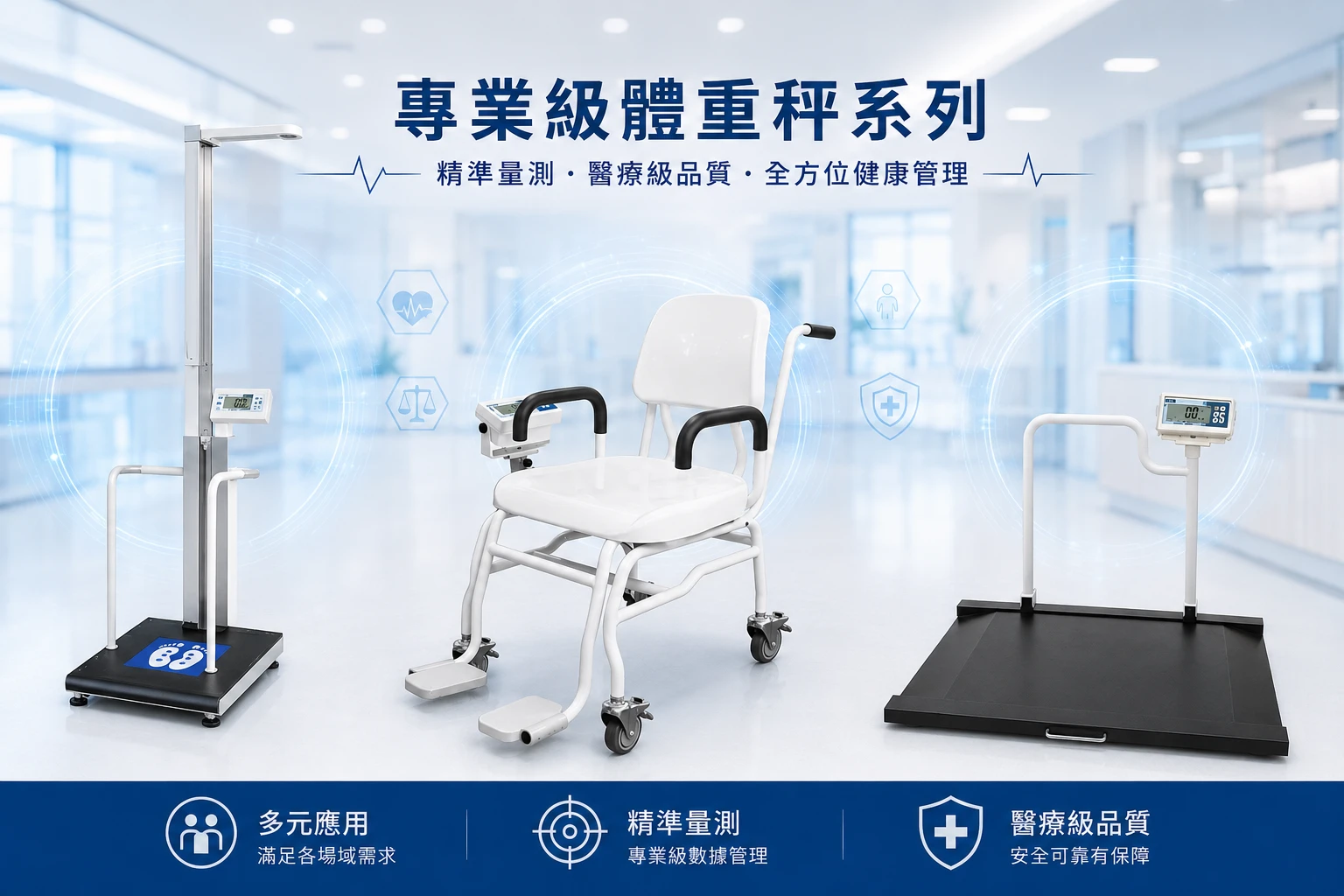 專業級體重秤系列：醫療級專業身高體重計、電子坐椅秤與輪椅斜坡板秤，提供醫院診所全方位健康管理與精準量測解決方案
