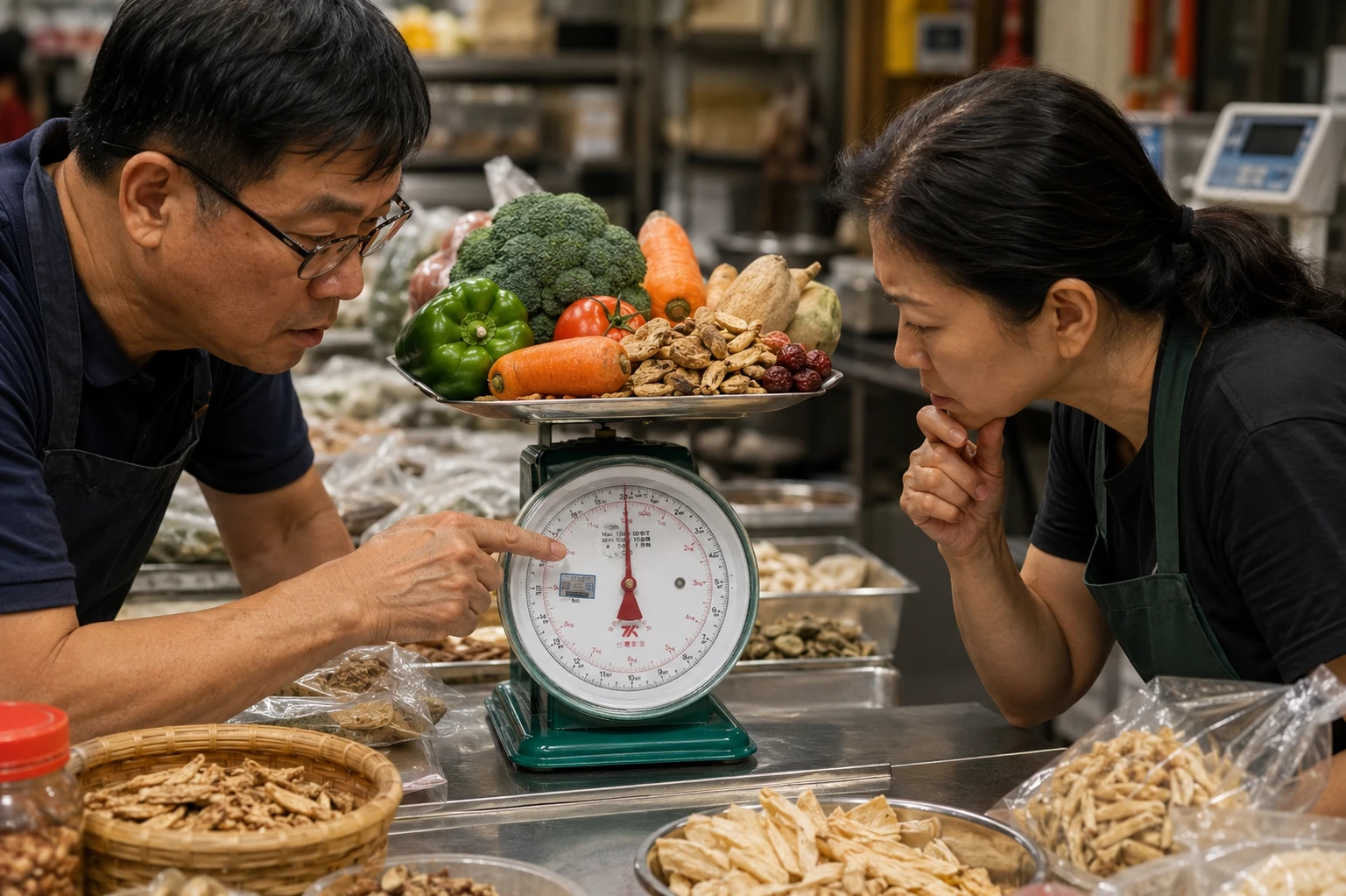傳統台式彈簧秤與指針秤，兩人在菜市場專注確認蔬菜與中藥材的稱重刻度