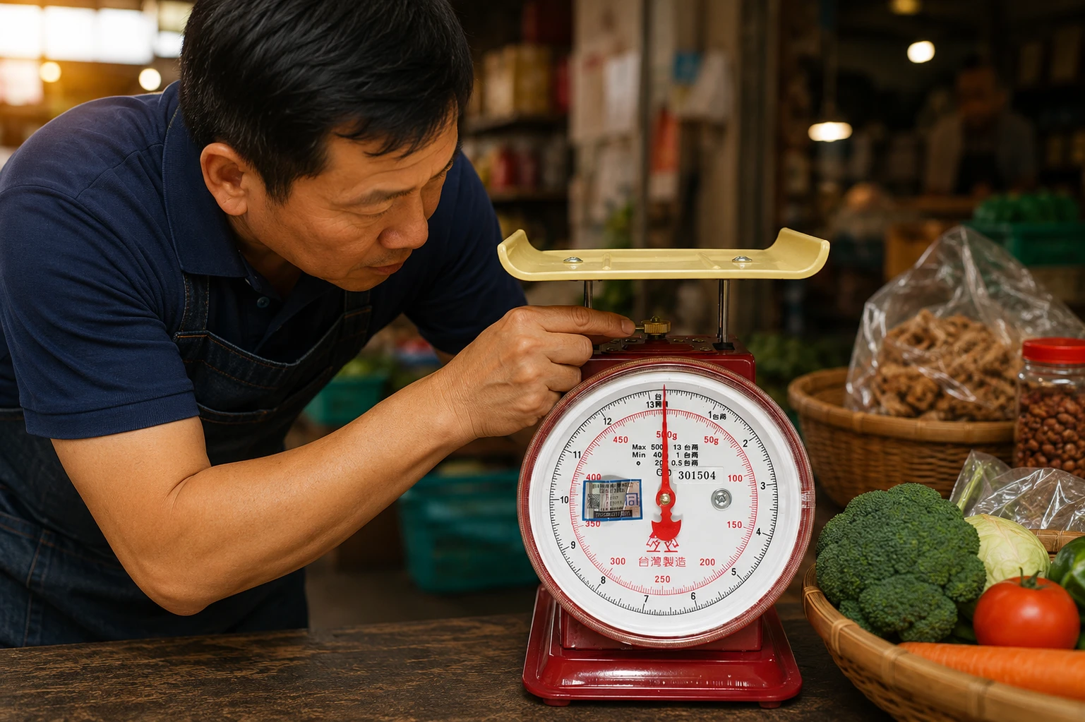 機械指針磅秤歸零校正示範，操作人員調整旋鈕確認零點位置