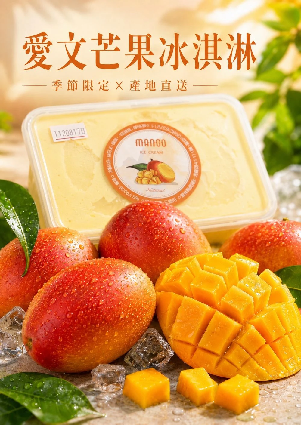 愛文芒果冰淇淋盒裝，周圍擺滿新鮮愛文芒果與冰塊