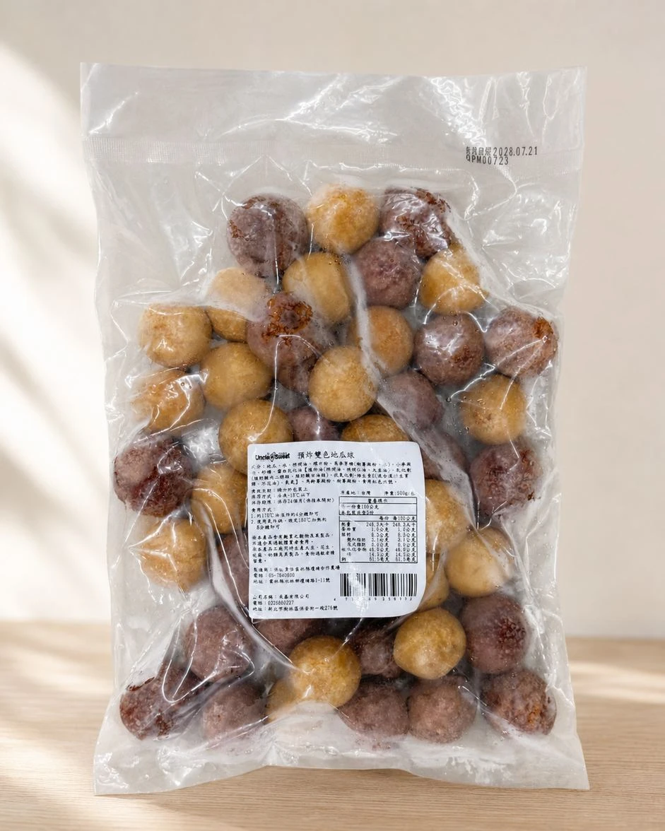 預炸雙色地瓜球 500g 包裝情境實拍