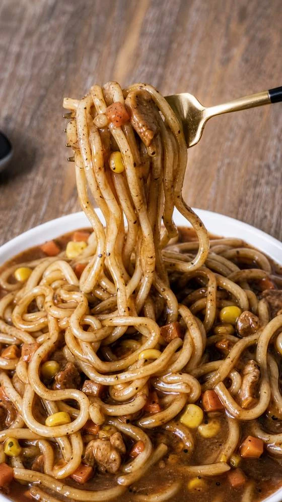 三聲買 黑胡椒鐵板麵 叉子挑起麵條特寫 冷凍即食