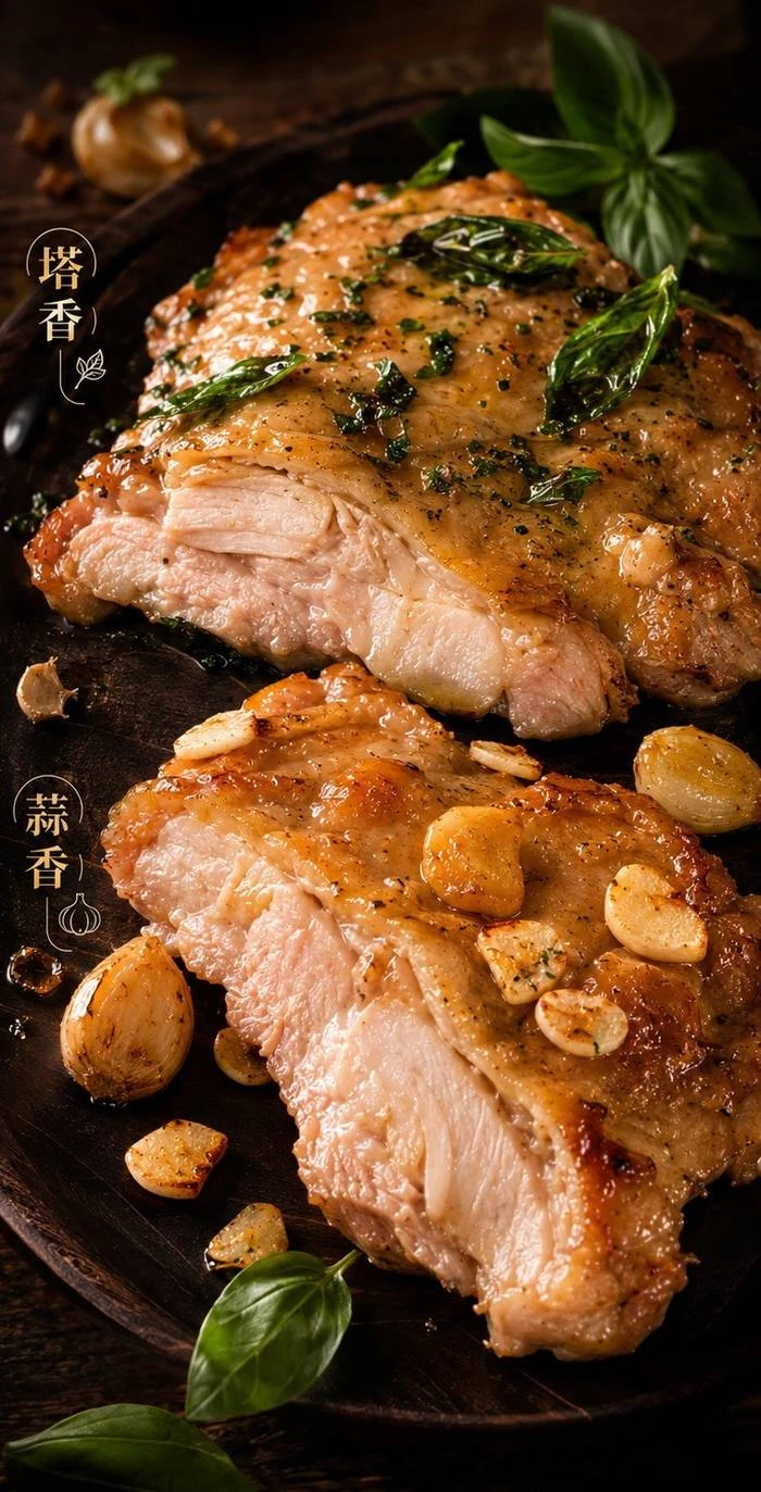 三聲買 塔香去骨雞腿排 與濃郁香蒜雞腿排 切面對照