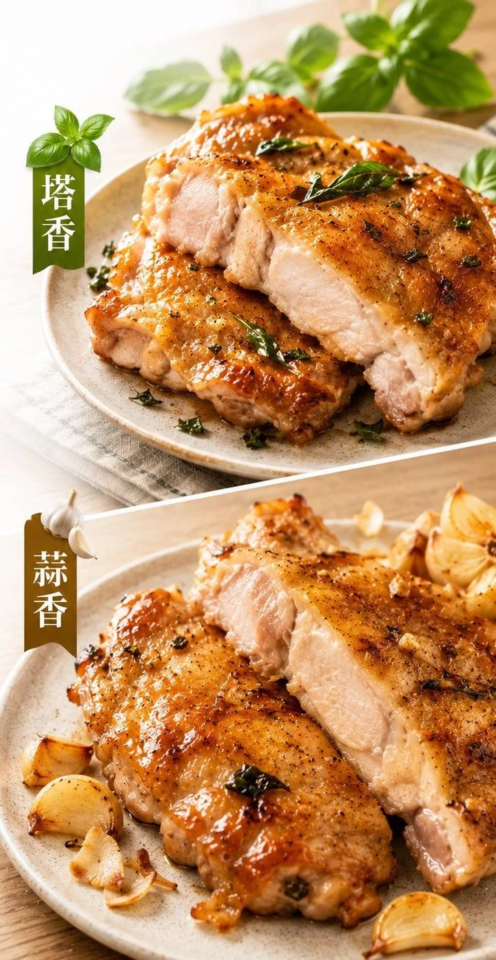 三聲買 塔香去骨雞腿排 塔香與蒜香雙口味對照
