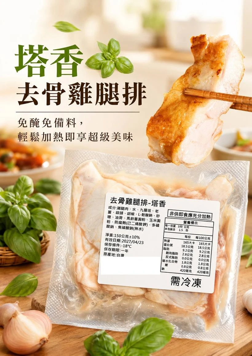 三聲買 塔香去骨雞腿排 150g 真空包裝與營養標示