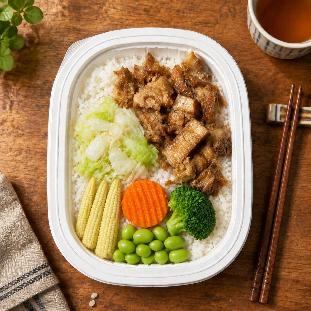 三聲買 NG焢肉便當 俯拍全盒 白飯焢肉配五樣蔬菜