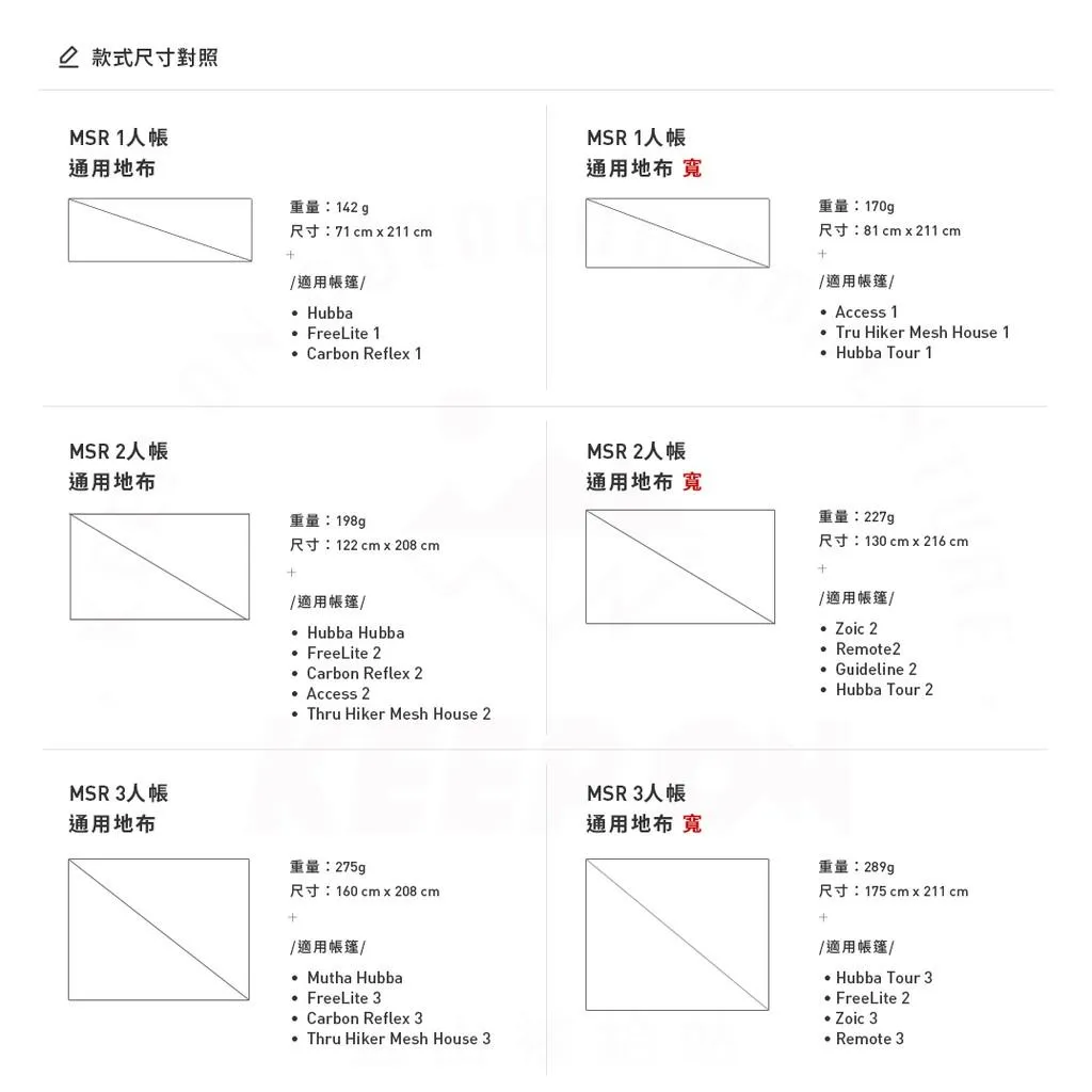 MSR 1人地布、2人地布、3人地布 帳篷通用 輕量 14099 14101 14103