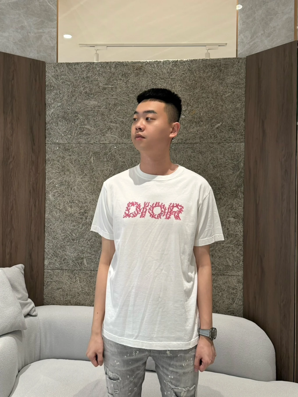 Dior 粉色字母短袖