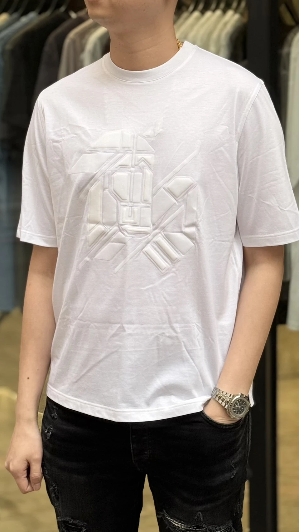 Hermes 壓紋圖案 白短袖