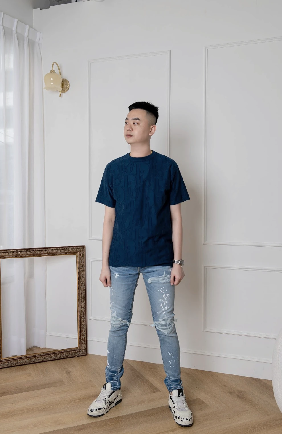 Dior 暗紋滿版短袖 海軍藍