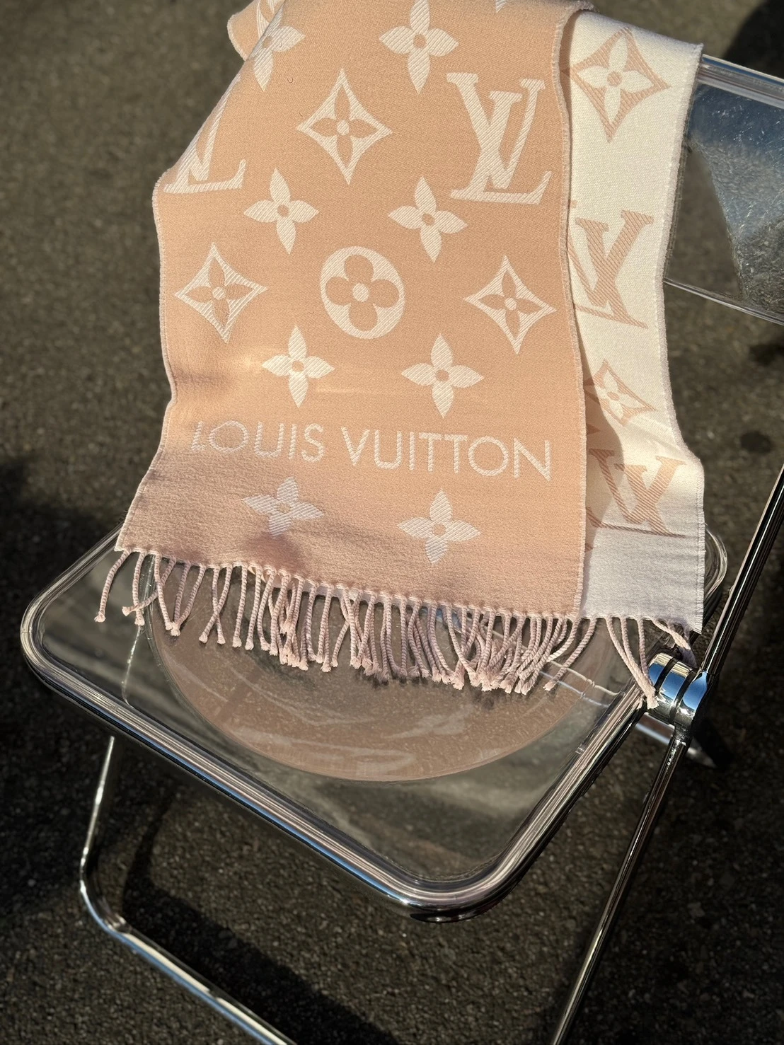 LV 雙色圍巾 奶粉色