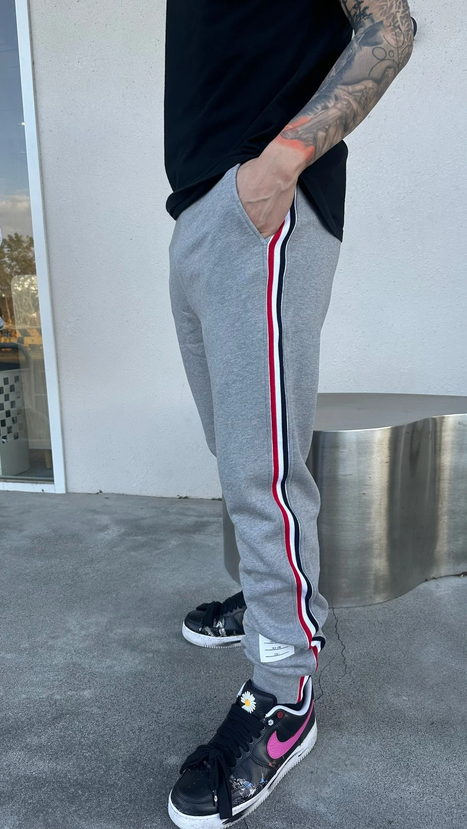 TB 灰色側邊三條線棉長褲