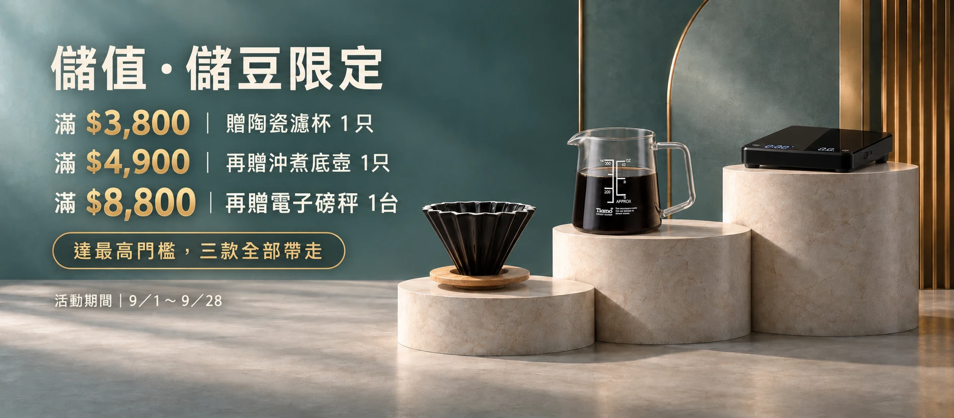 儲值／儲豆限定：滿 $3,800 贈濾杯，滿 $4,900 再贈沖煮底壺，滿 $8,800 再贈電子磅秤；達最高門檻三款全部帶走。活動期間 9／1～9／28。