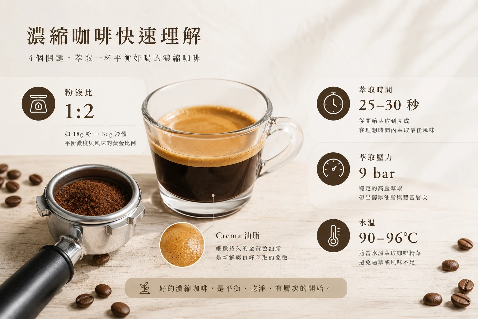 濃縮咖啡萃取比例、時間、壓力與 Crema 快速理解圖