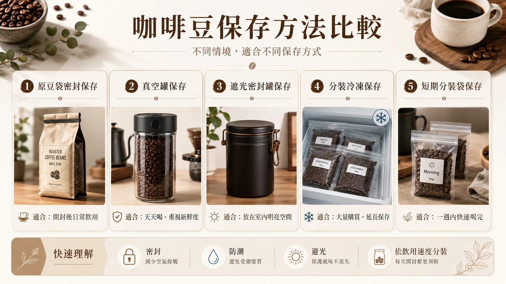 咖啡豆保存的四大風險，包括空氣、濕氣、高溫與光線