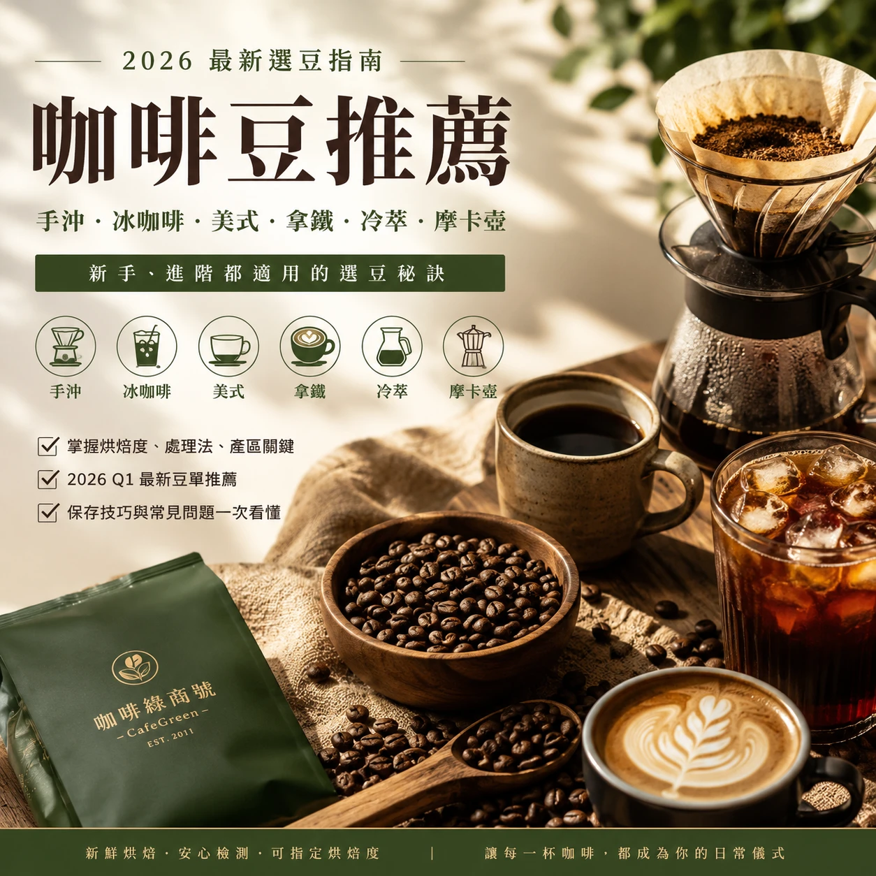 咖啡豆推薦｜2026 最新選豆指南：新手、手沖、拿鐵、冷萃怎麼選？