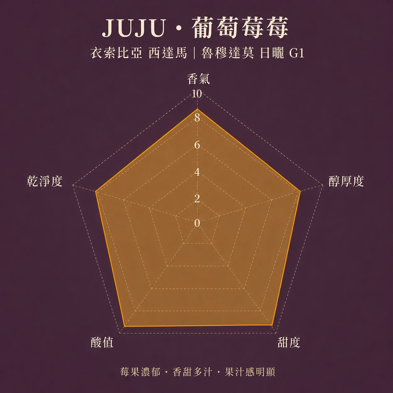 JUJU・葡萄莓莓｜衣索比亞 西達馬 魯穆達莫 高冷地 日曬 G1｜30 日鮮濾掛