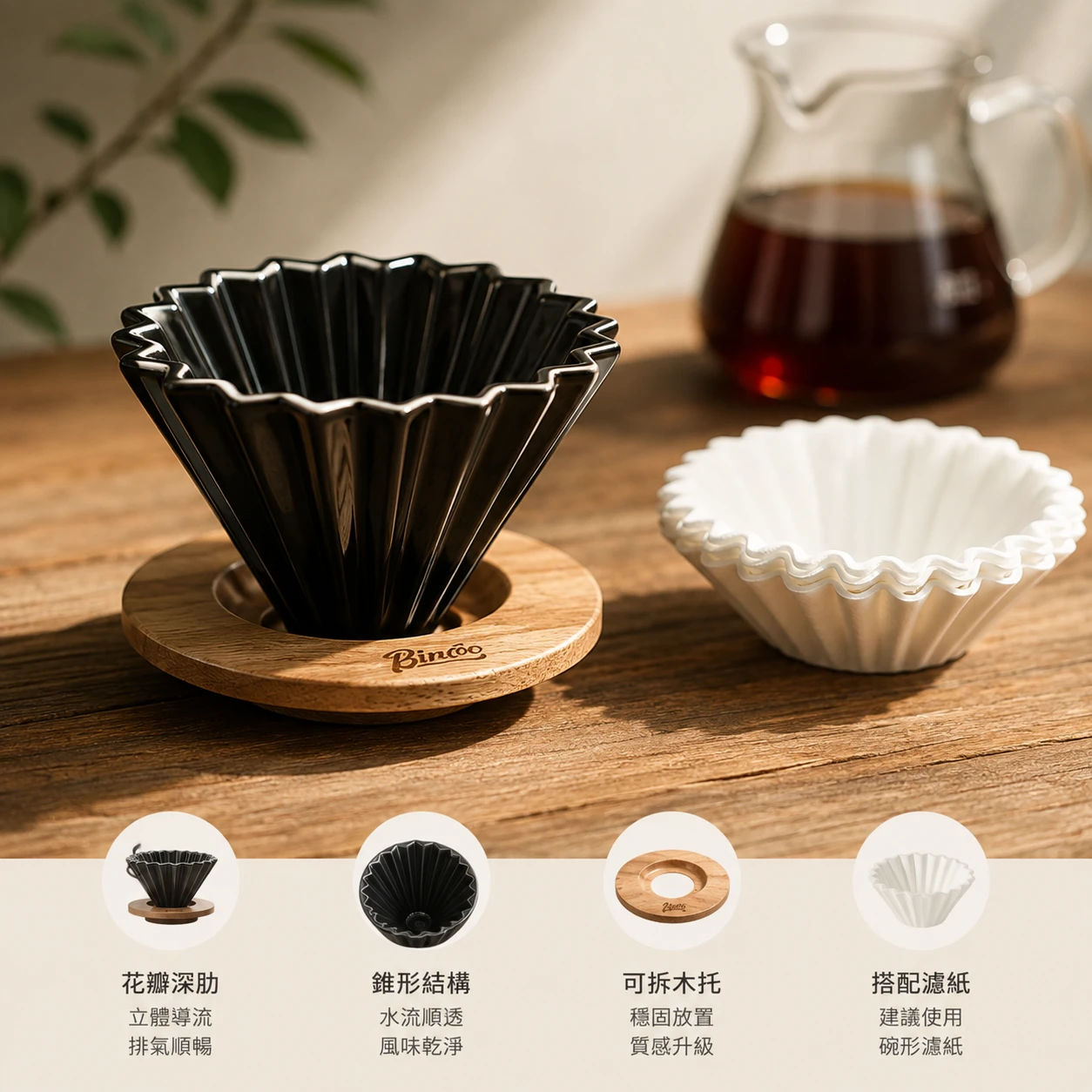 Bincoo｜花瓣深肋錐形陶瓷濾杯（1–2人份）｜可拆木托