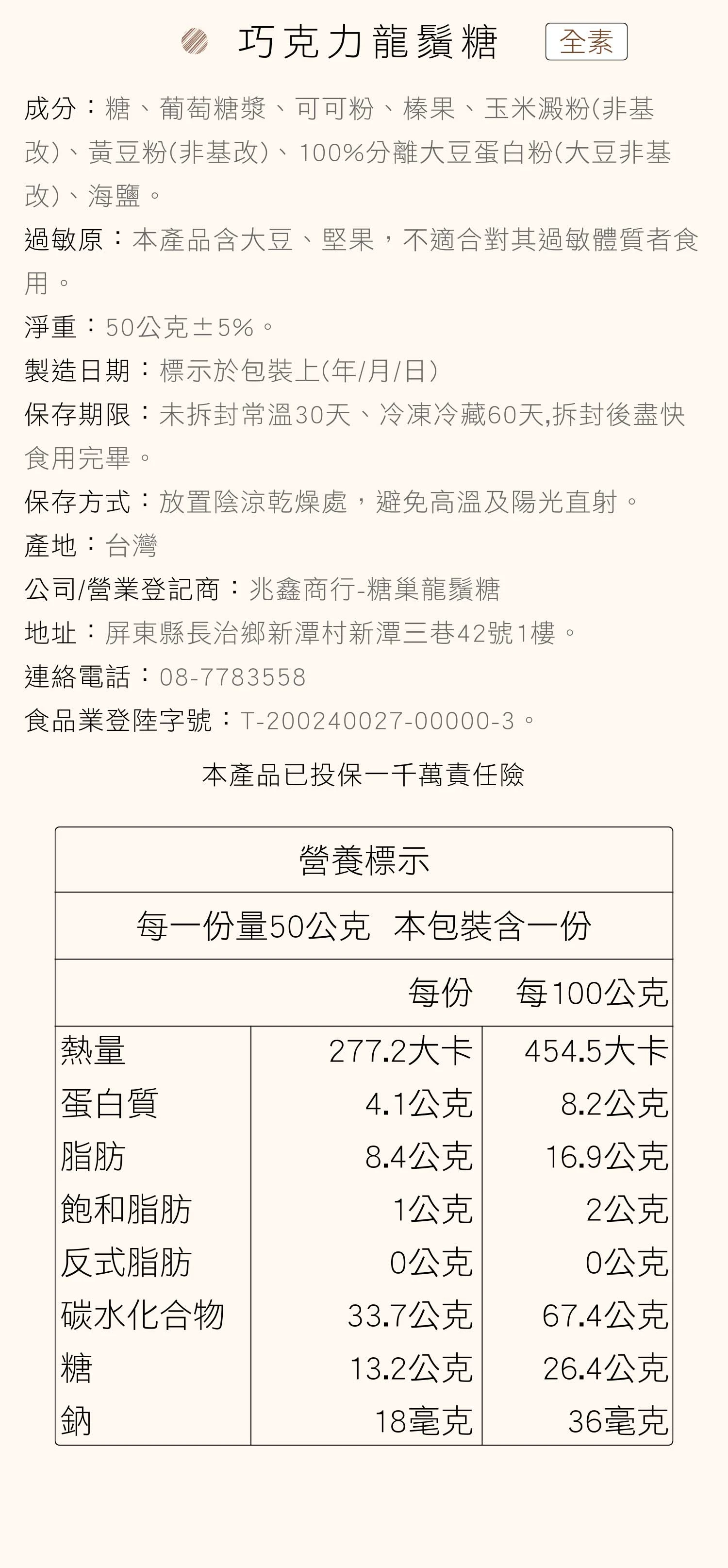 糖巢巧克力榛果龍鬚糖營養成分表
