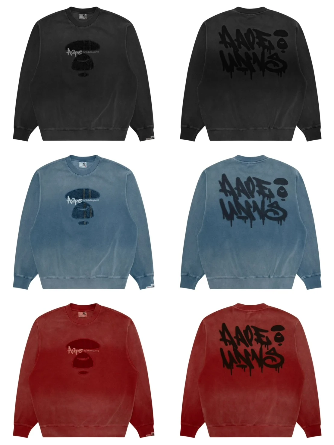 『預購』AAPE ·水洗做舊牛仔猿人衛衣(黑/藍/紅)
