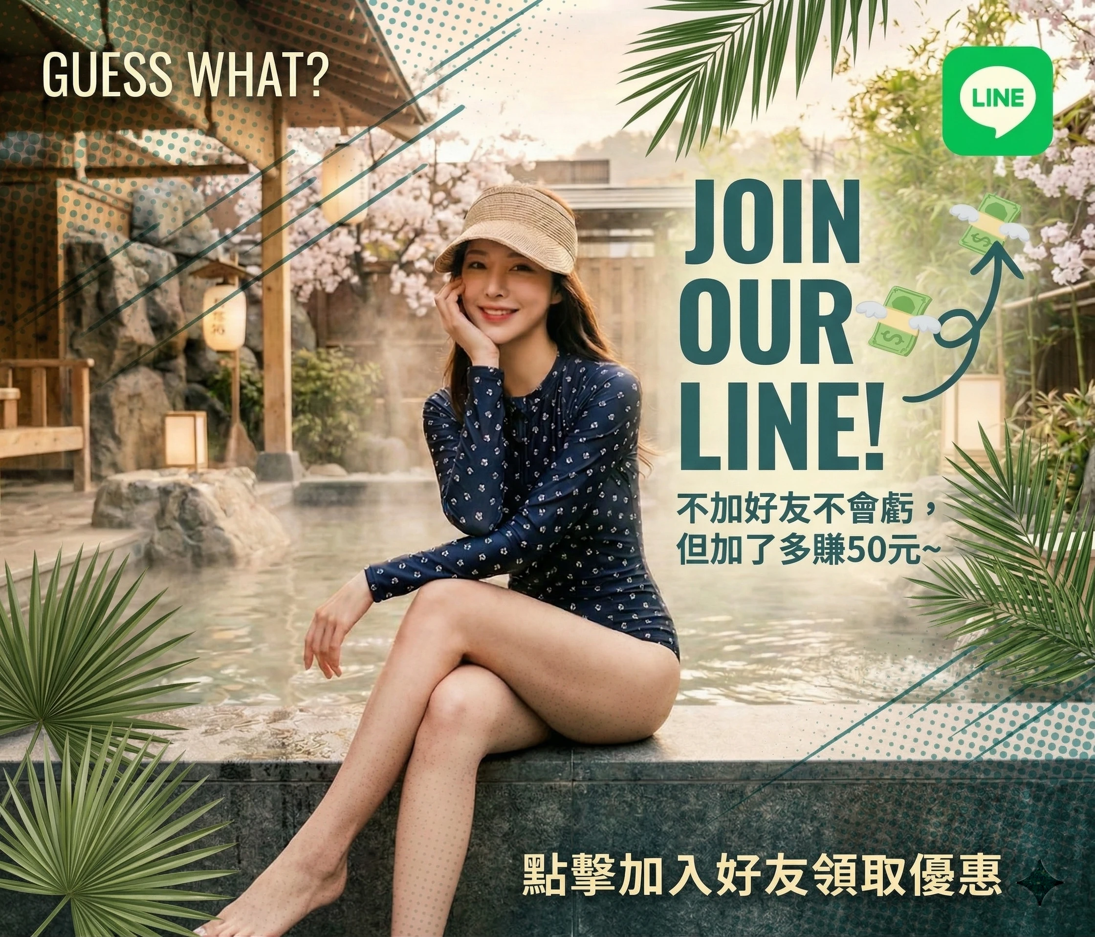 LINE好友邀請活動圖片，標題為粗體字 'Join Our LINE!'。圖片中以幽默的語氣寫著 '不加好友不會虧，但加了多賺50元～'，並搭配一個帶有金錢符號的表情符號和一個生氣的表情符號。背景為復古風的青綠色和奶油色點陣圖案，並顯眼地展示了LINE的標誌。