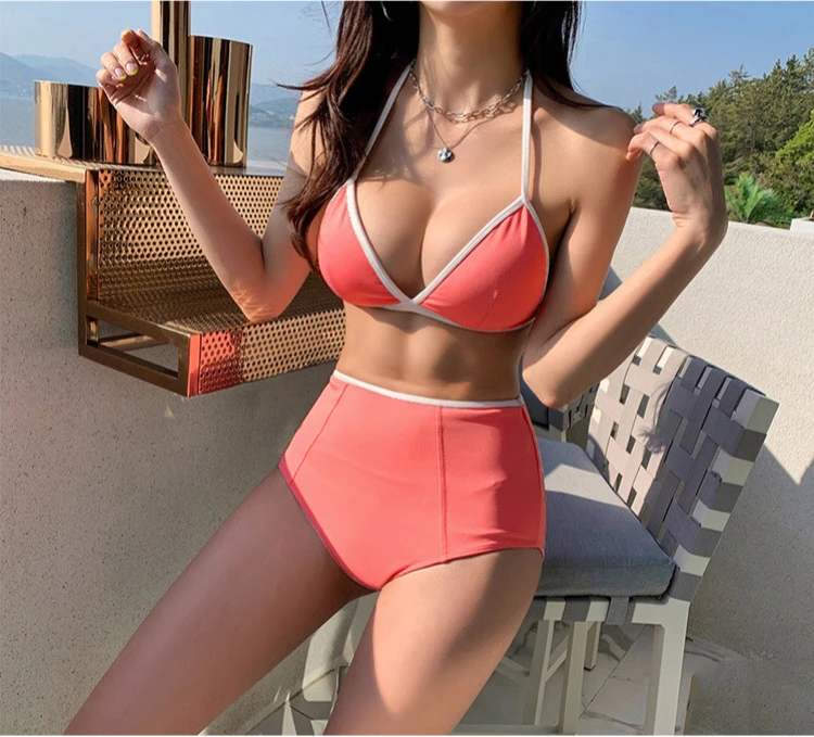 無鋼圈白色滾邊高腰兩截式泳衣(橘)