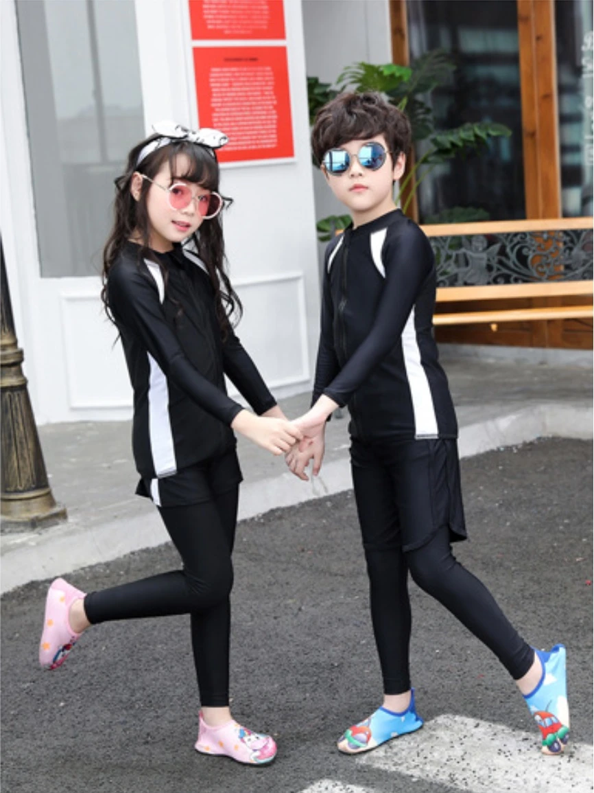 韓版兒童長袖白邊防曬泳衣三件式