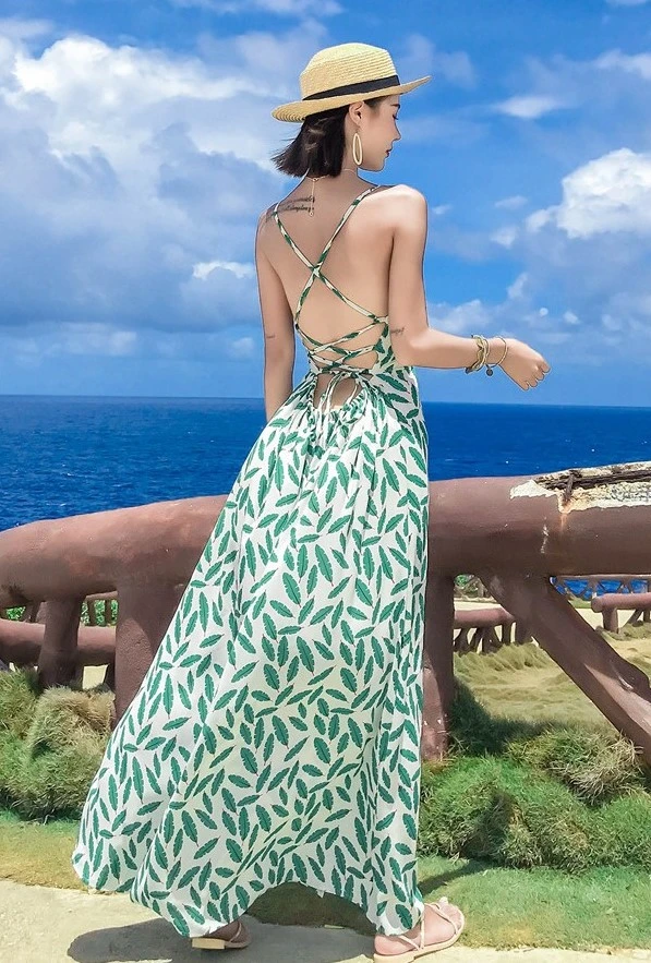 綠葉後繫帶美背度假洋裝