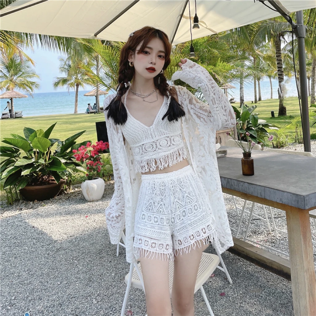 流蘇海灘罩衫三件套組