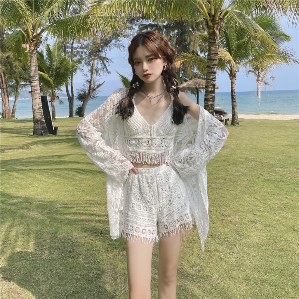 流蘇海灘罩衫三件套組