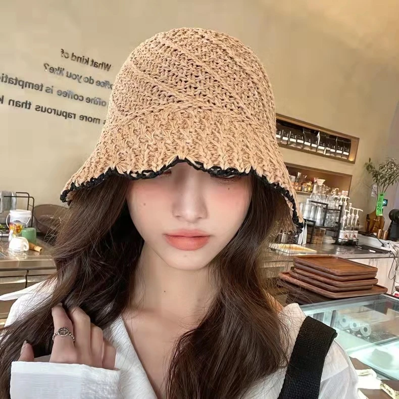 卡其撞色編織漁夫帽