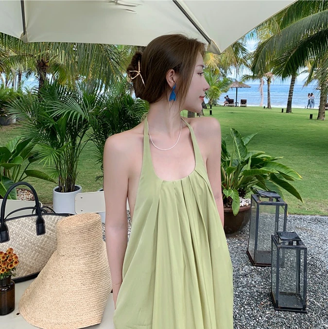 牛油果綠美背度假洋裝