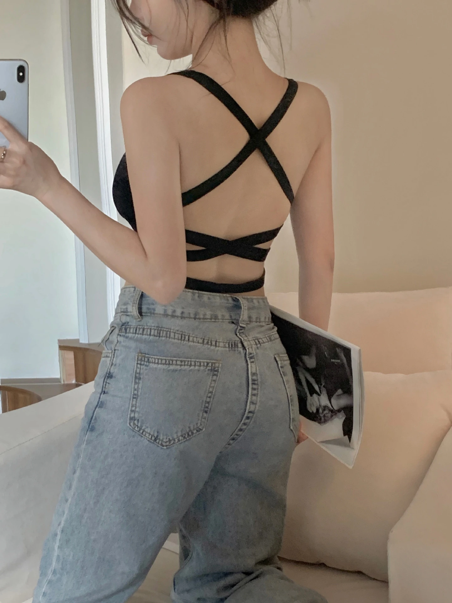 螺紋交叉美背Bra T(黑)