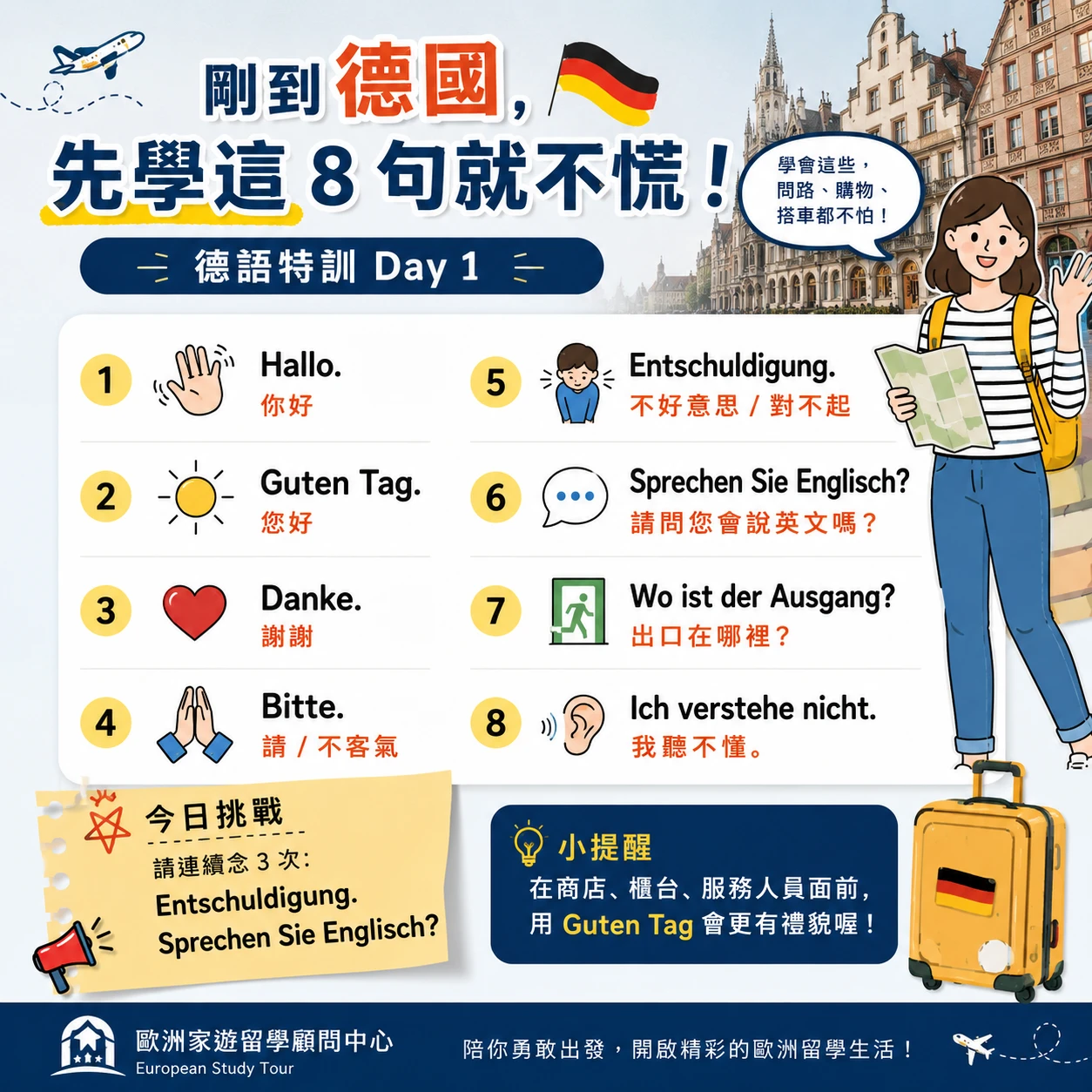 🇩🇪【德語特訓】剛落地德國，先學會這 8 句！一句德文都不會，也能安心出發 ✈️