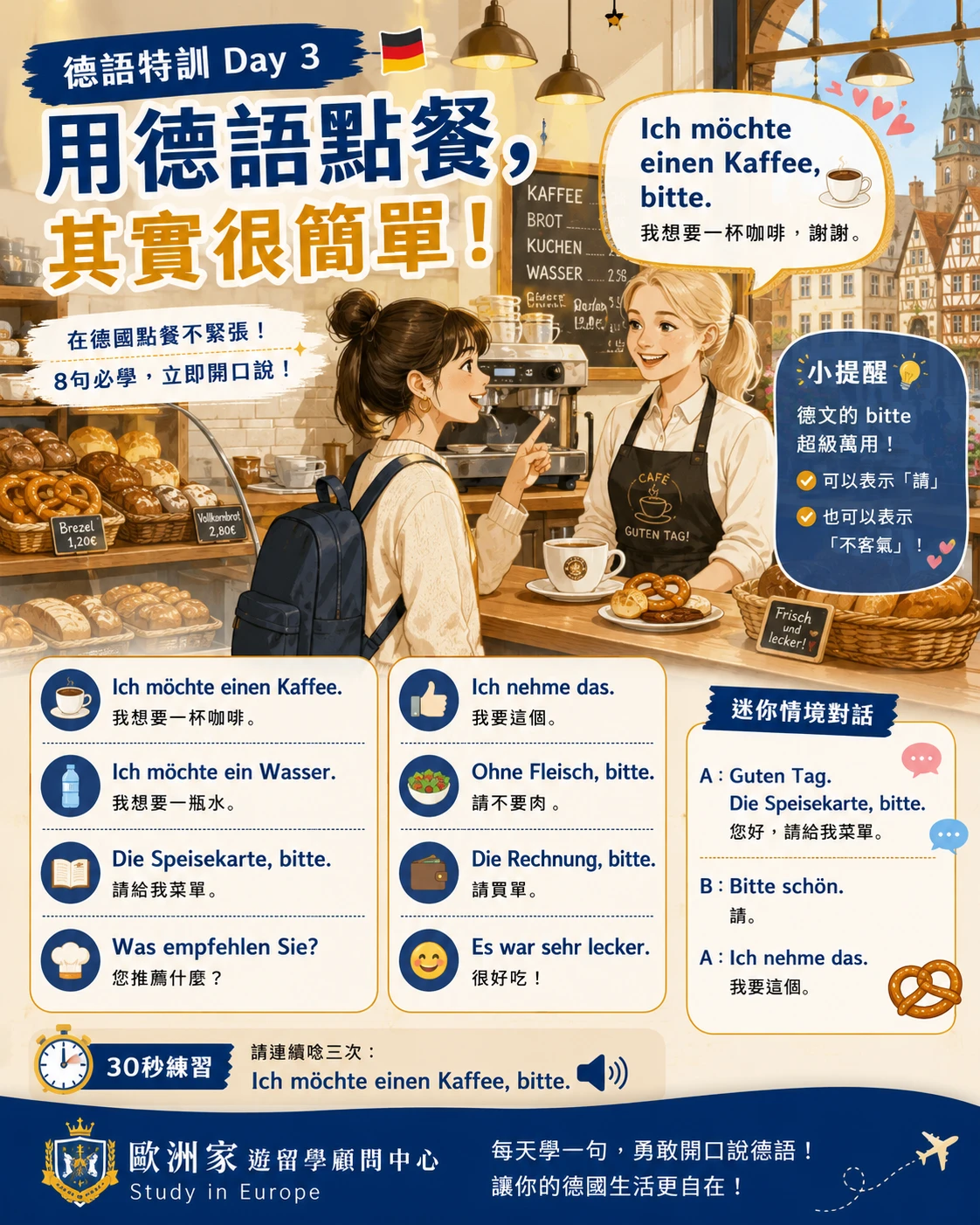 ☕【德語特訓 Day 3】咖啡、麵包、香腸！第一次用德語點餐，其實比你想像中簡單！